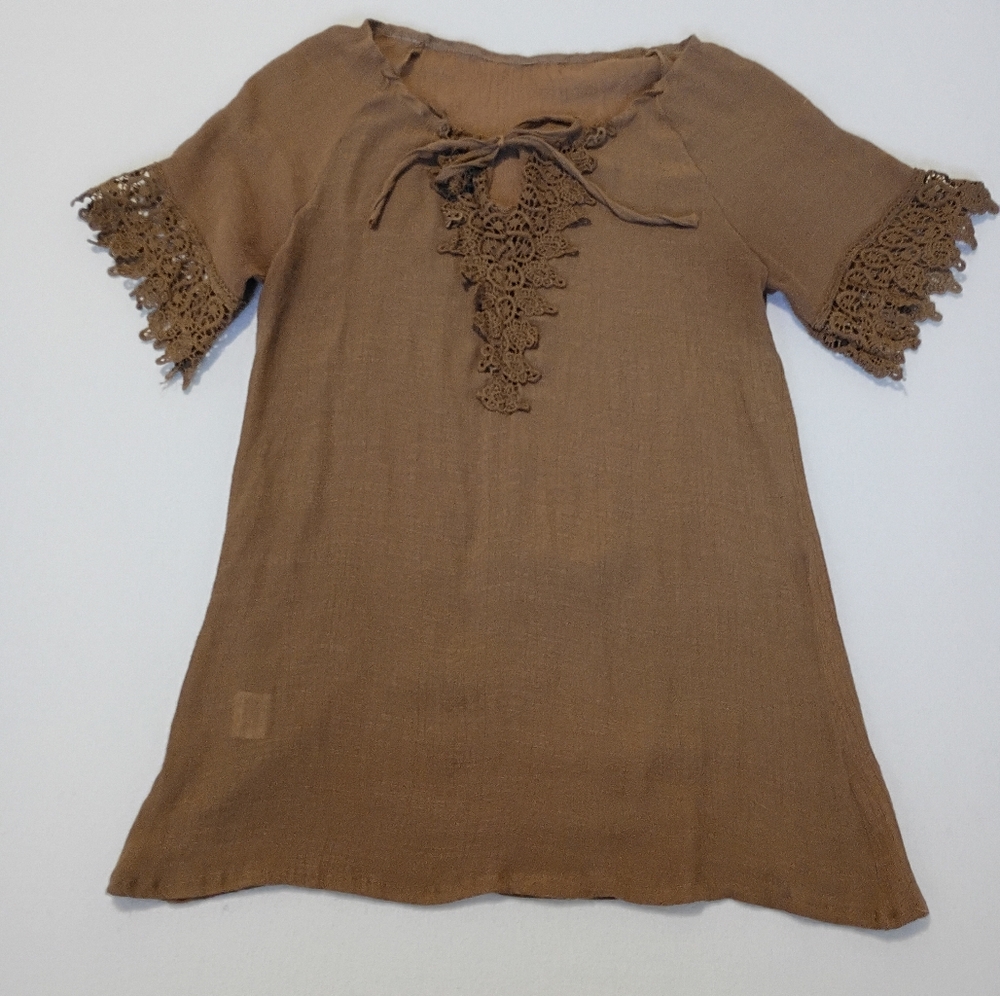 Earthcore Brown Short Sleeve Tunic Top Cottagecore Lightweight Lace 16" Ptp